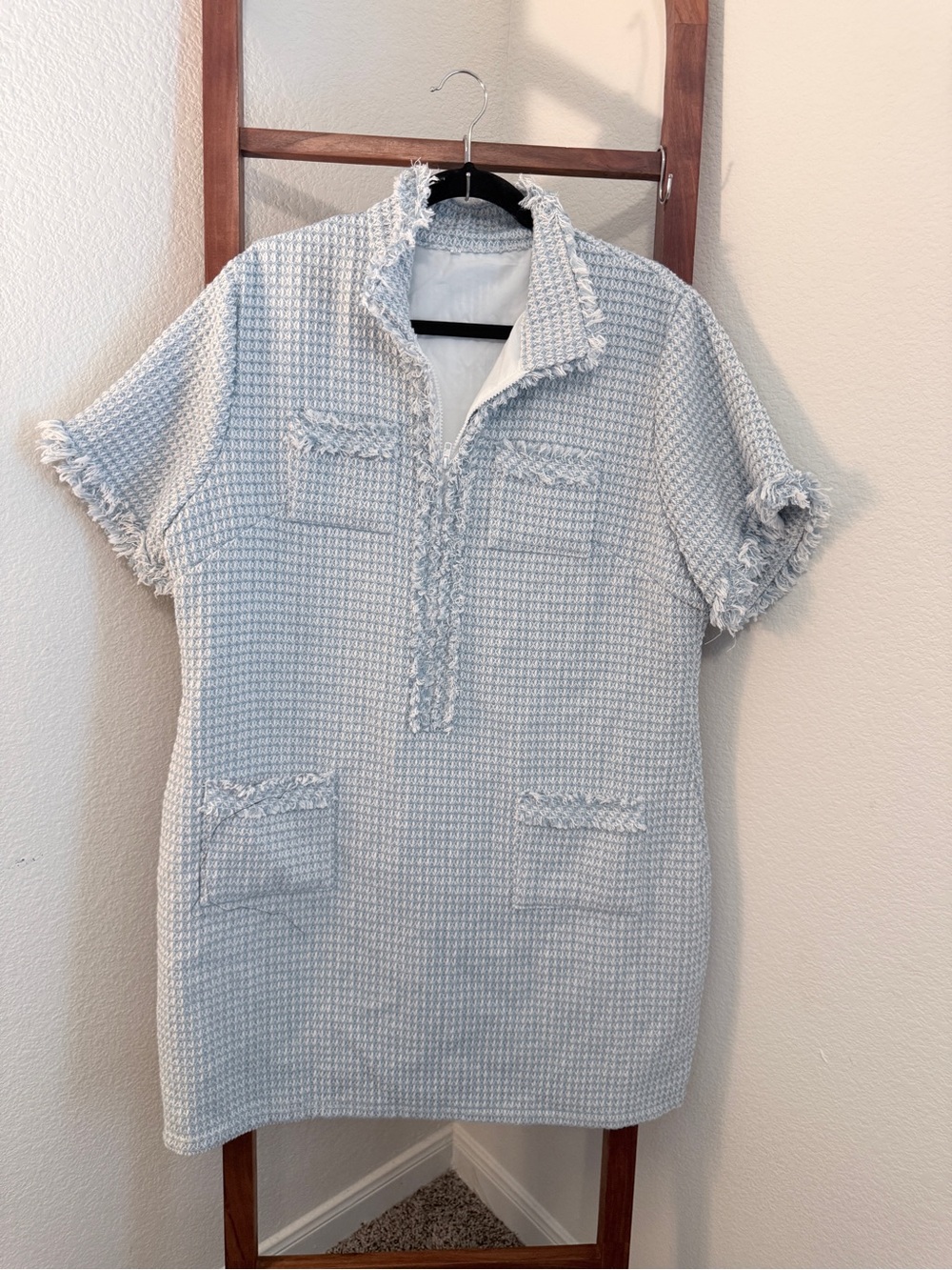 Light Blue Textured Mini Dress with Frayed Trim